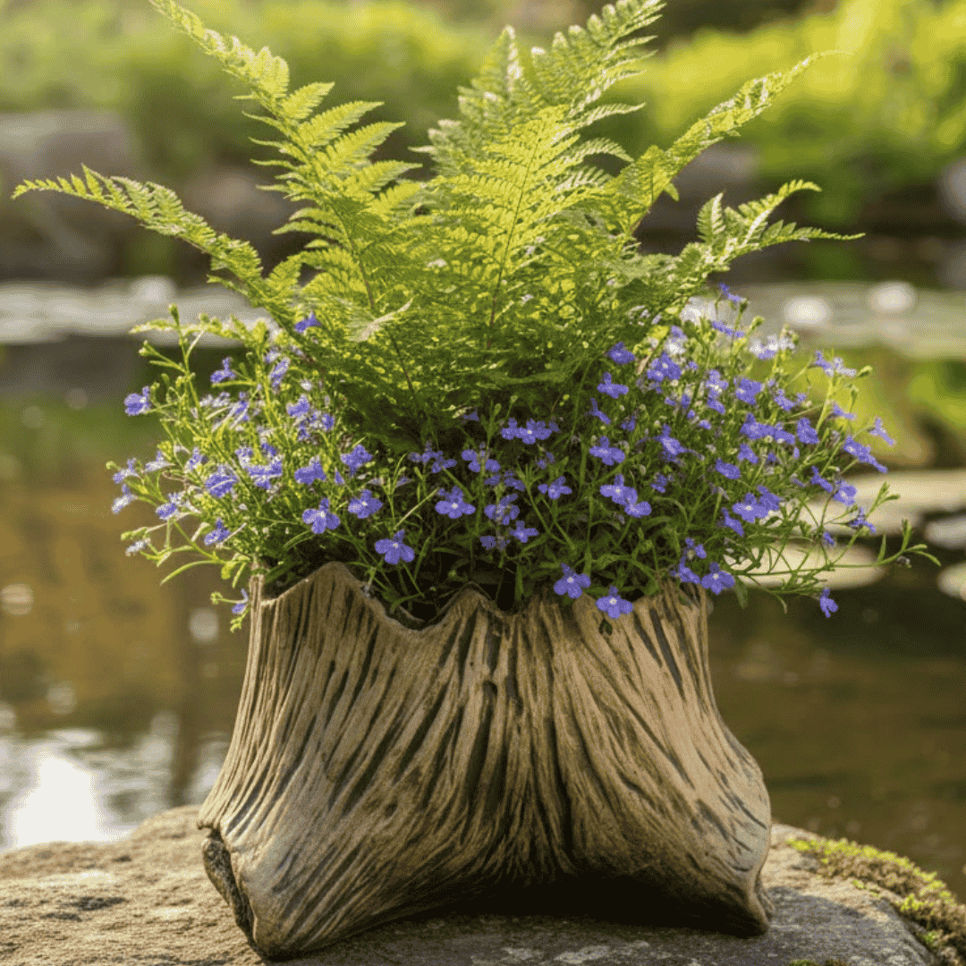 Pařez s letní výsadbou kapradin